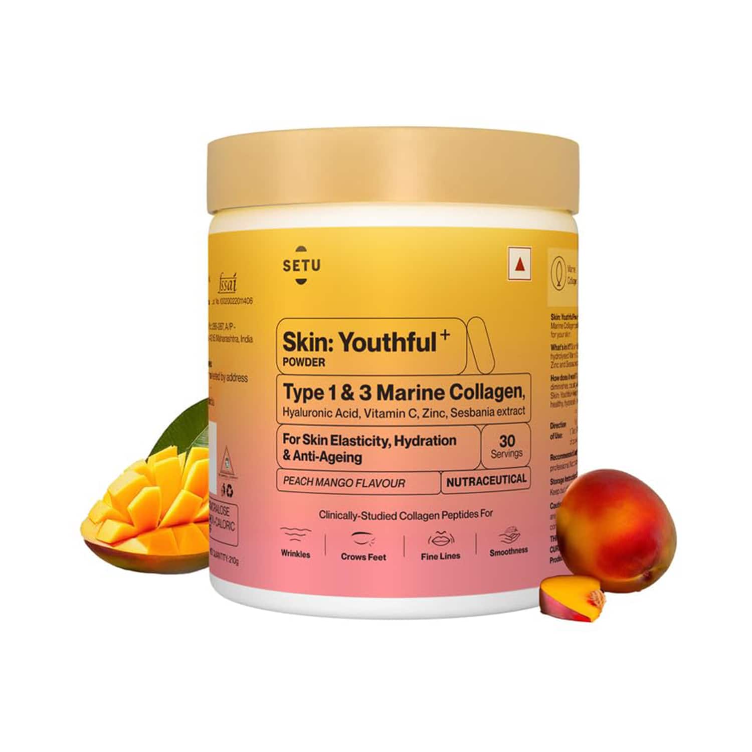 Setu Skin Youthful Marine Collagen Powder with Biotin for Women - Peach Mango (210 g)