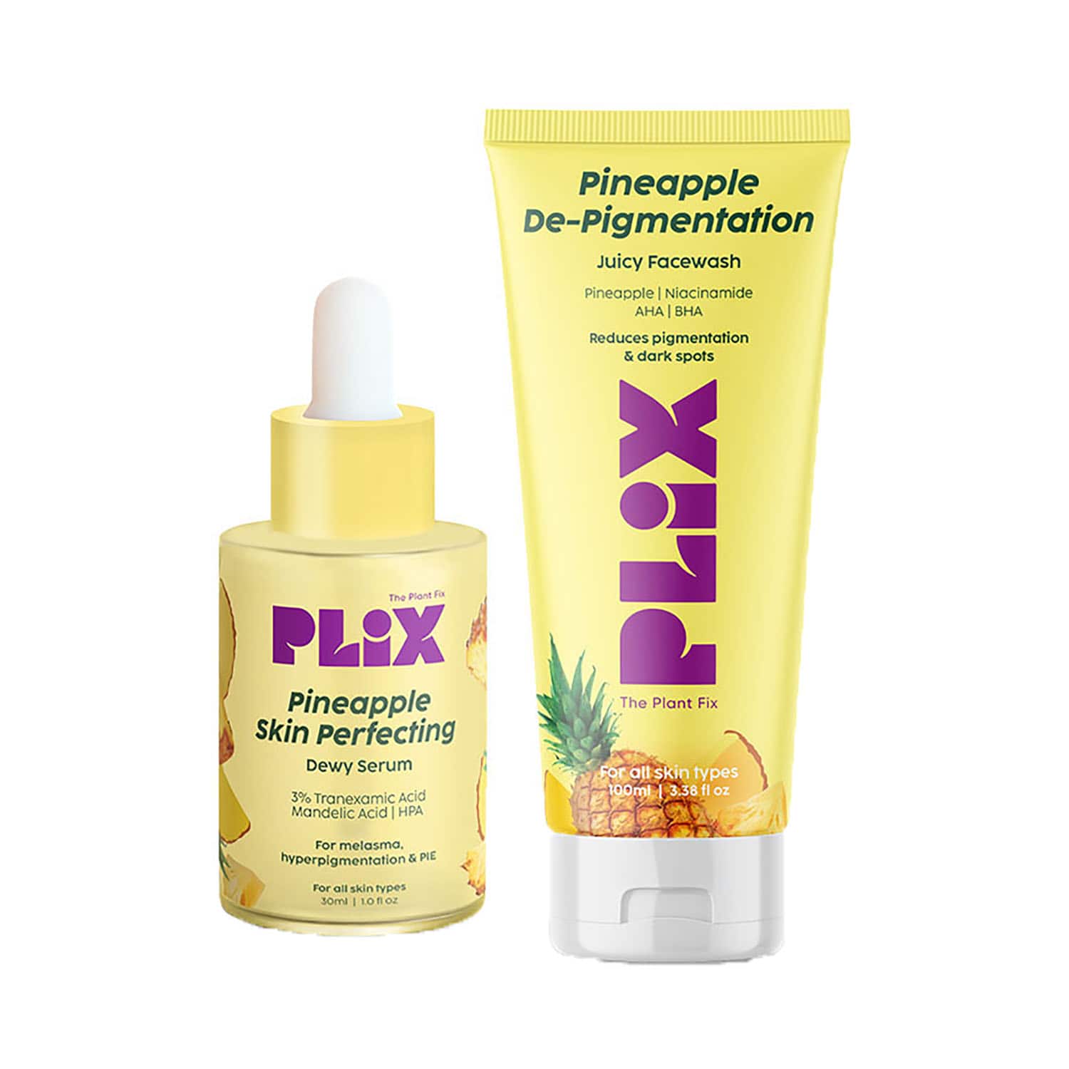 Plix 3% Tranexamic Acid Skin Perfecting Dewy Face Serum & Pineapple Foaming Face Wash Combo (2Pcs)