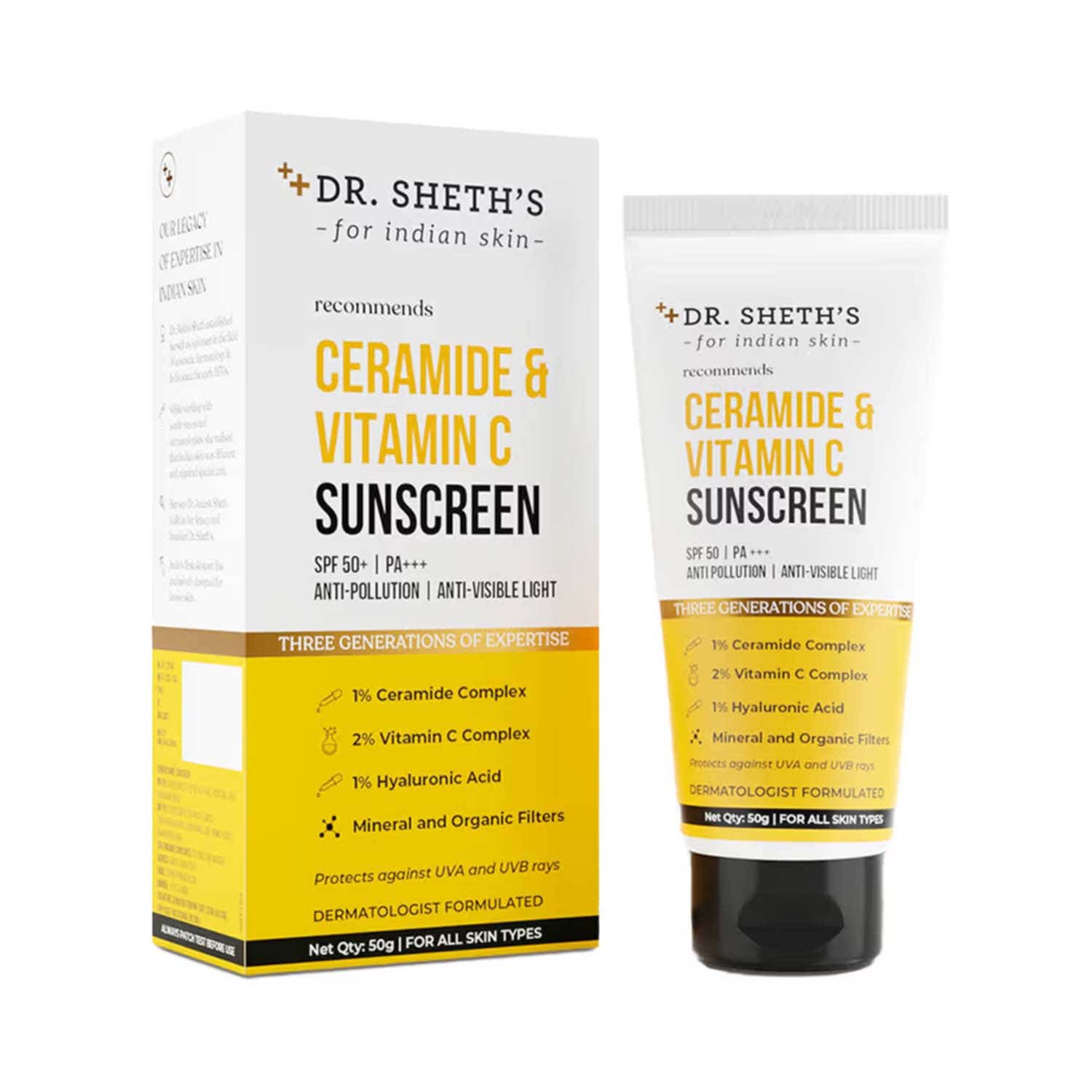 Dr. Sheth's Ceramide & Vitamin C Sunscreen SPF 50+ PA++++ In-Vivo Tested for Bright Skin (30g)