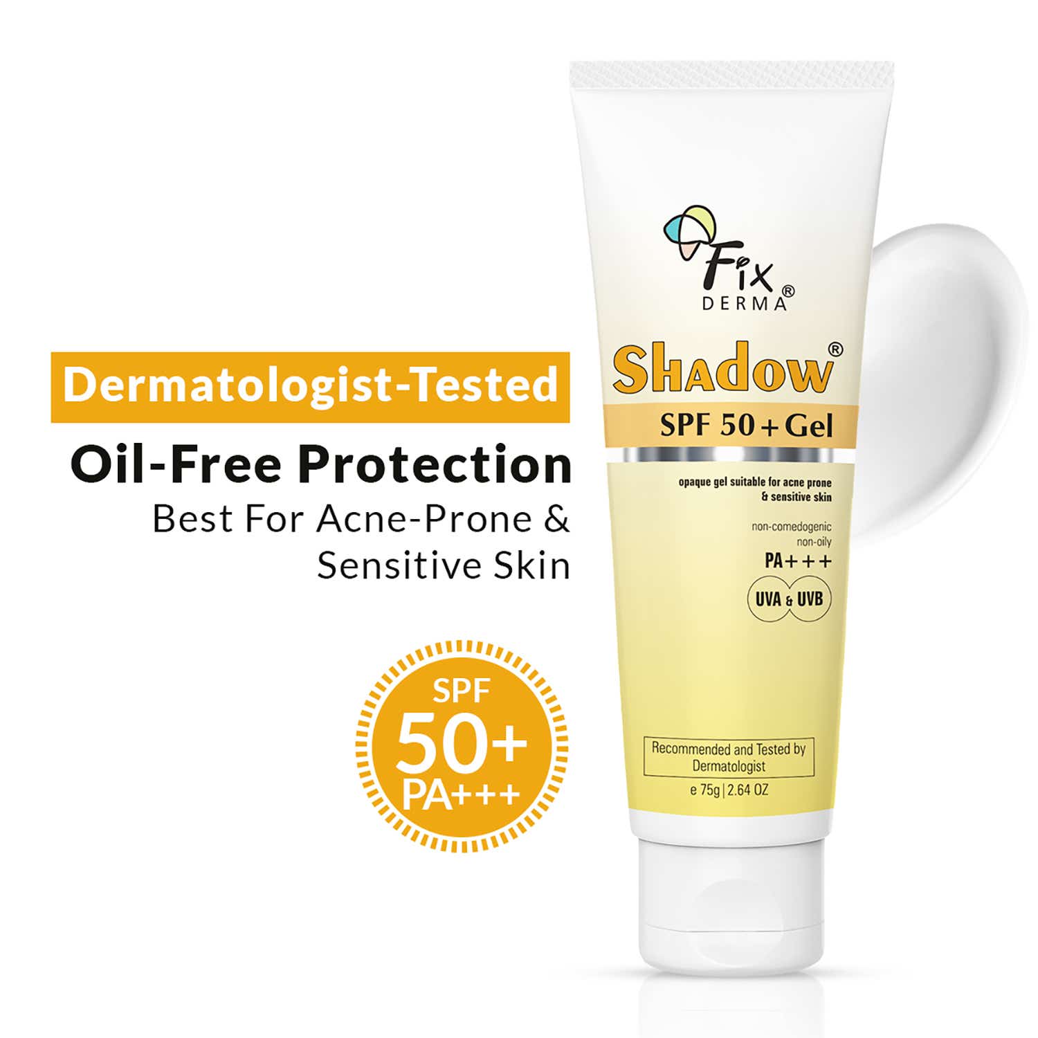 Fixderma Sunscreen - SPF 50+ PA+++ Shadow Sunscreen SPF50+ Gel For Oily Skin,UVA-UVB Protection (75g)