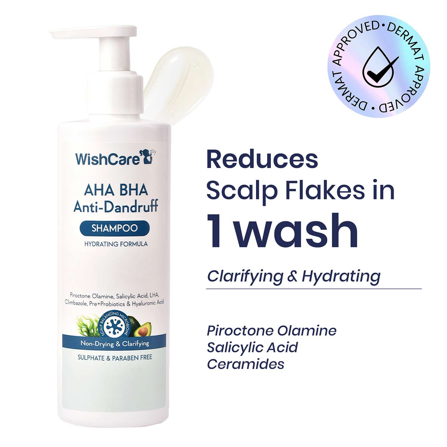 WishCare Hydrating AHA BHA Anti Dandruff Shampoo Reduces Itchiness 100% Dandruff Reduction (250 ml)