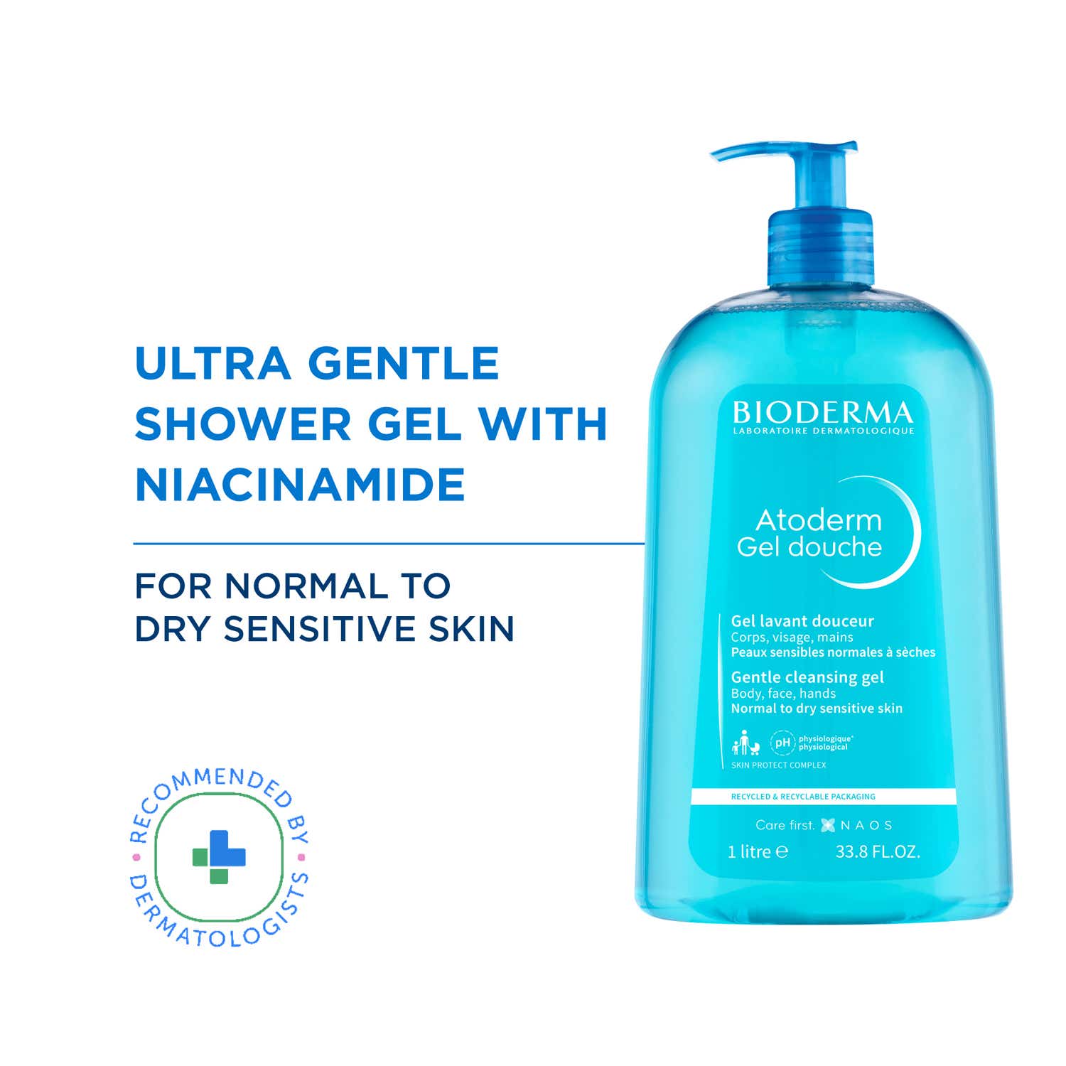 Bioderma Atoderm Gel Douche Ultra Gentle Soap Free Shower Gel with Niacinamide for 24H Hydration (1 L)