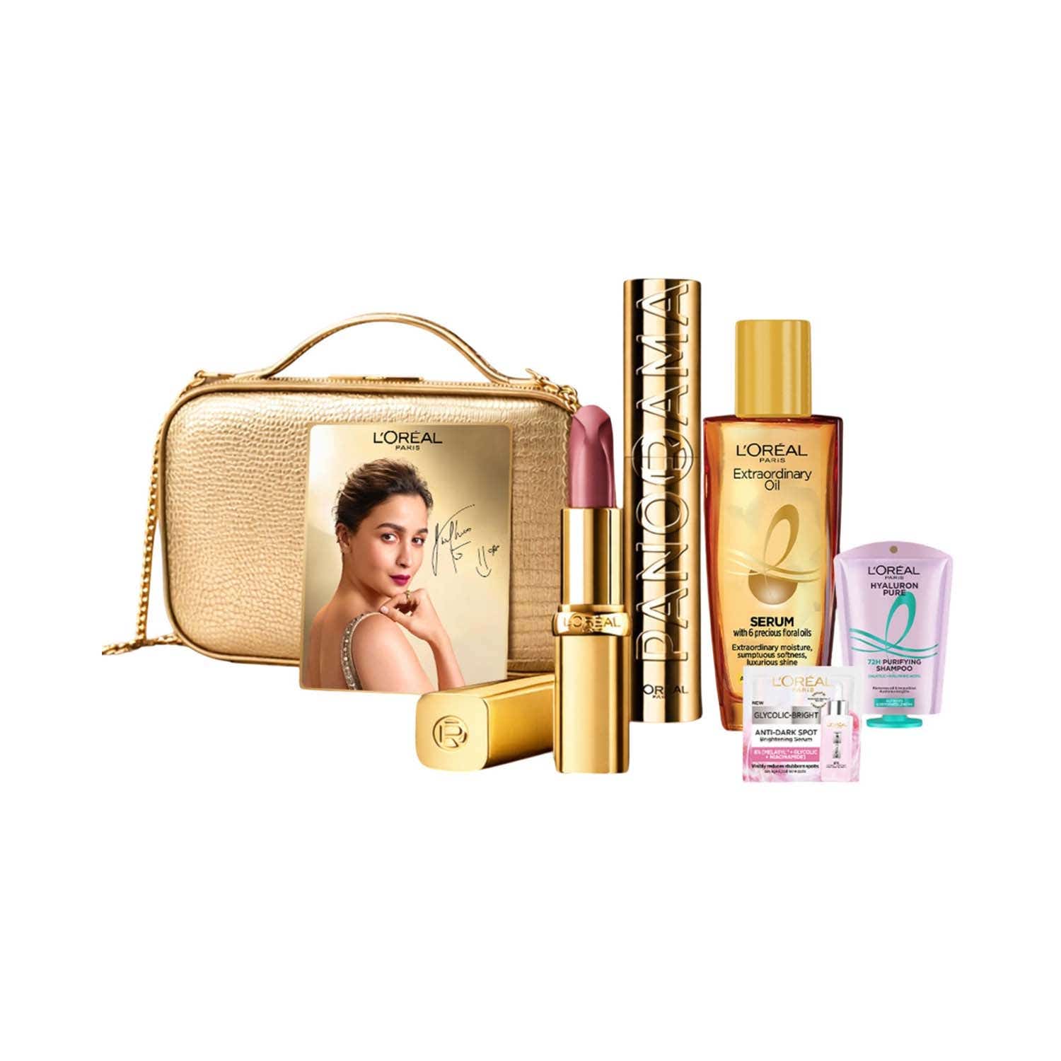 L'Oreal Paris Golden Glam Gift Set, Mascara, Lipstick + Signed Card by Alia Bhatt (5 pcs)
