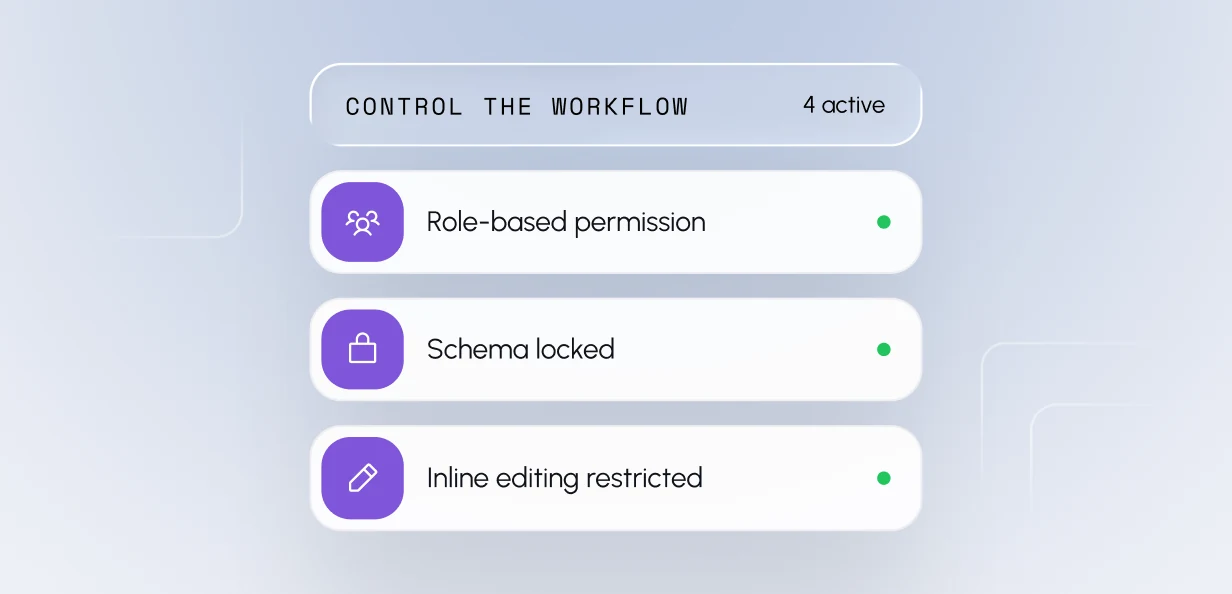 Control the workflow: role-based permission, schema locked and inline editing restricted