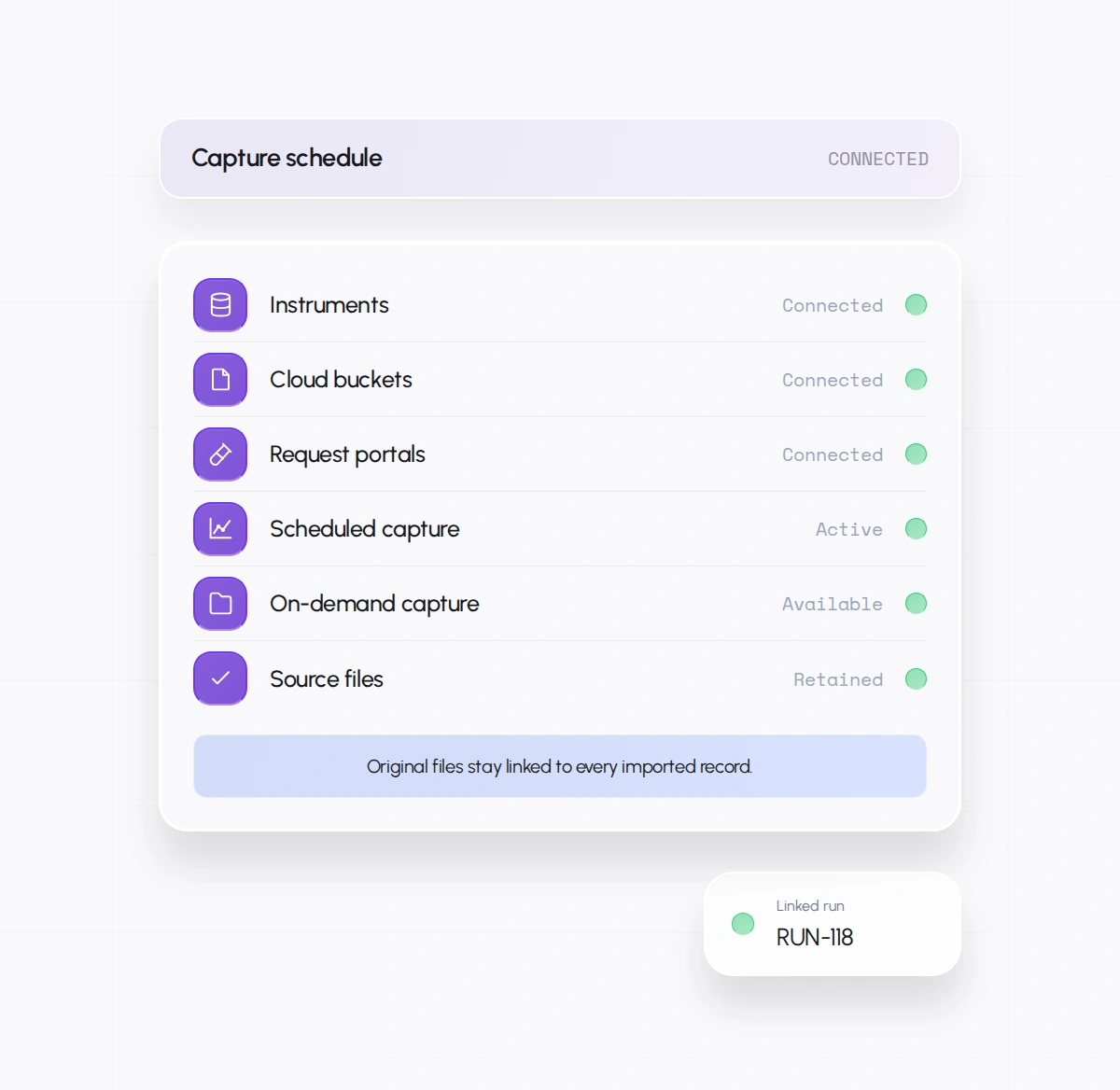 Automated Data Capture: Capture schedule. Original files stay linked to every imported record.