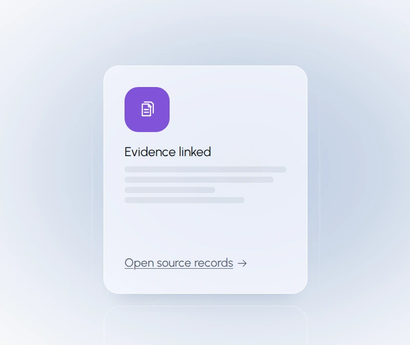 Insights trace back to evidence: Evidence linked. Reports, dashboards, and AI summaries link to calculations and review steps.