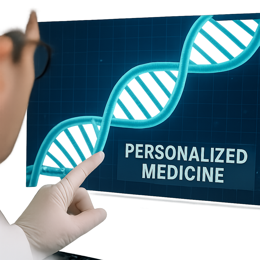 A close-up of a DNA helix graphic being reviewed by a scientist on a computer screen, representing personalized medicine.