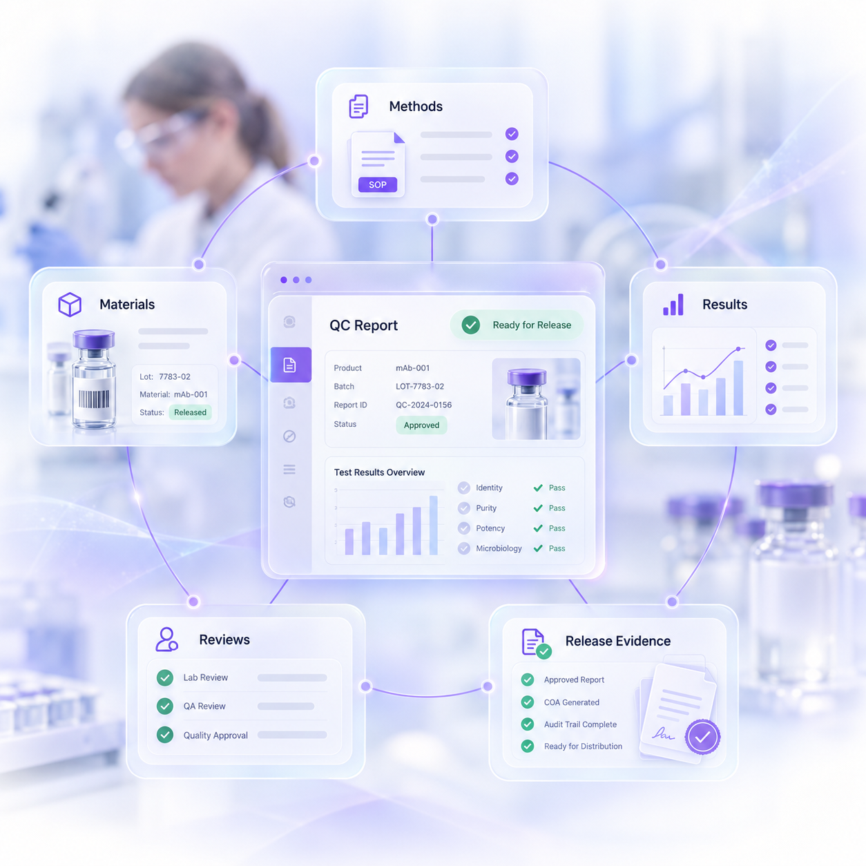 Pharma QC Reporting Software: Connect Methods, Materials, Results, Reviews, and Release Evidence