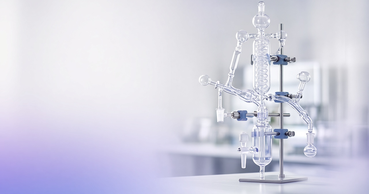 Custom hand-blown glass apparatus with coiled condenser and branching arms, representing a lab-specific workflow