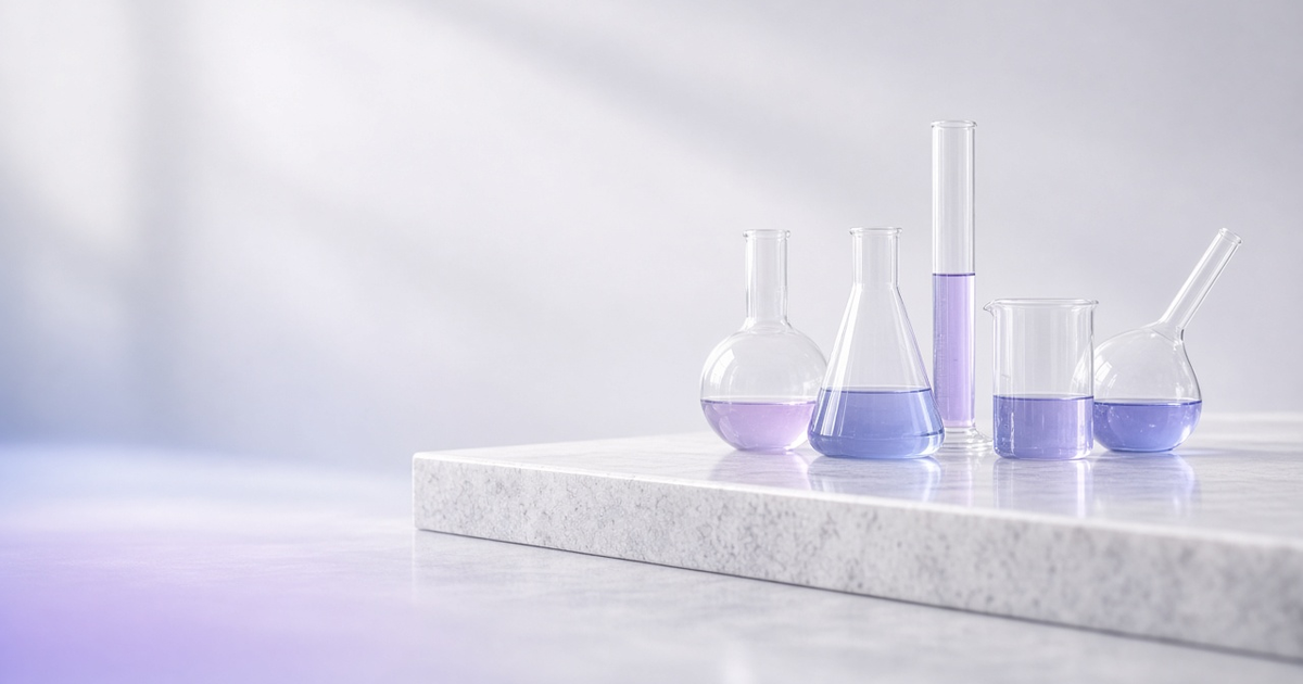 Varied laboratory glassware holding lavender and blue liquids on a single solid granite slab foundation