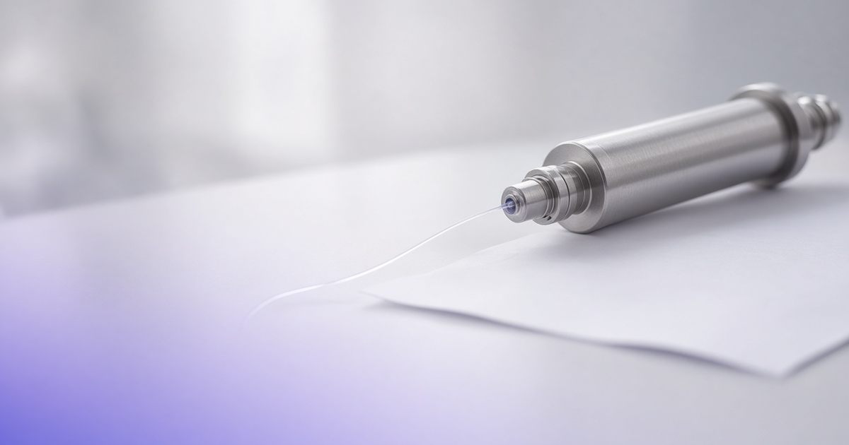 HPLC column with a luminous fiber trailing to a blank page, representing raw-data-to-report lineage