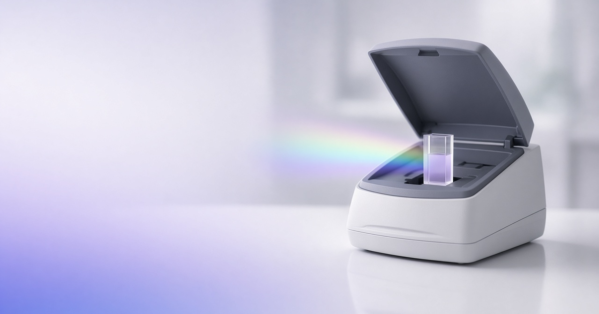 Spectrophotometer with a quartz cuvette and a light beam spreading into a spectrum, representing instrument data