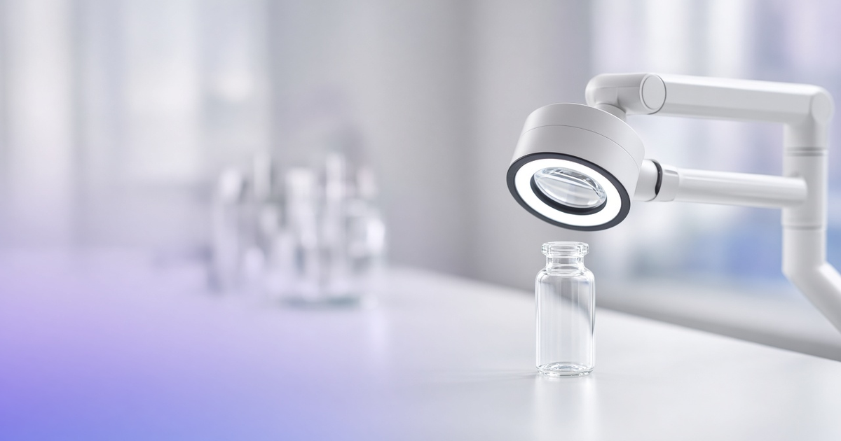Ring-light inspection magnifier over a glass vial, representing quality review of lab results