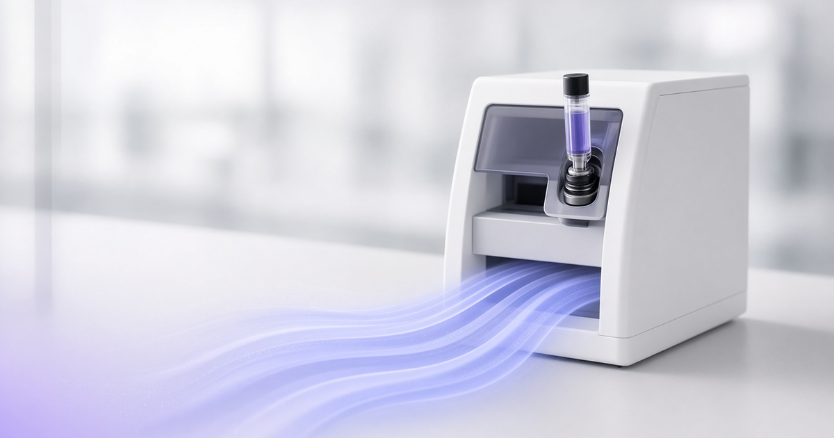 Benchtop flow cytometer with light ribbons flowing out, representing instrument files turned into automated actions