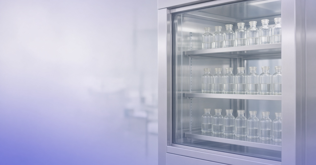 Stability chamber with neatly spaced sample bottles, representing GLP study controls