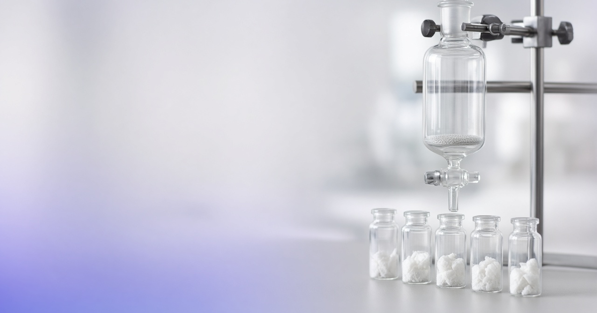 Peptide synthesis vessel beside vials of lyophilized peptide powder