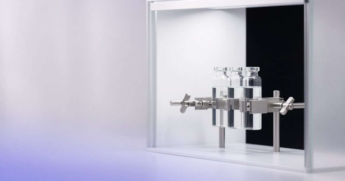 Vials in a visual inspection booth, representing quality management