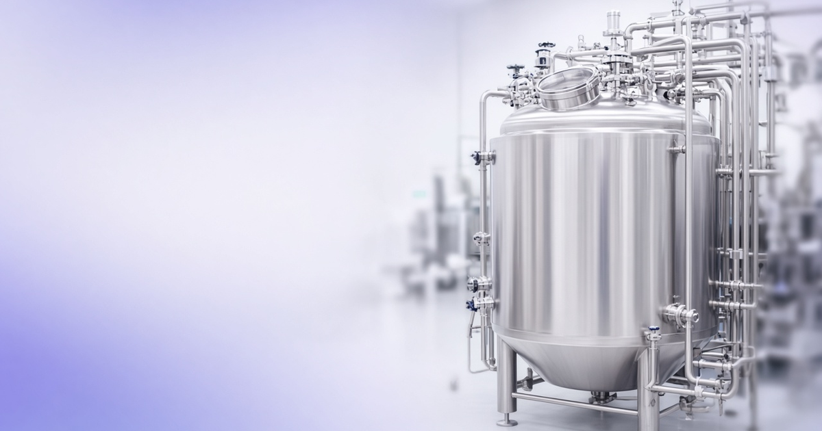 Stainless pharmaceutical mixing vessel with pipework, representing electronic batch records