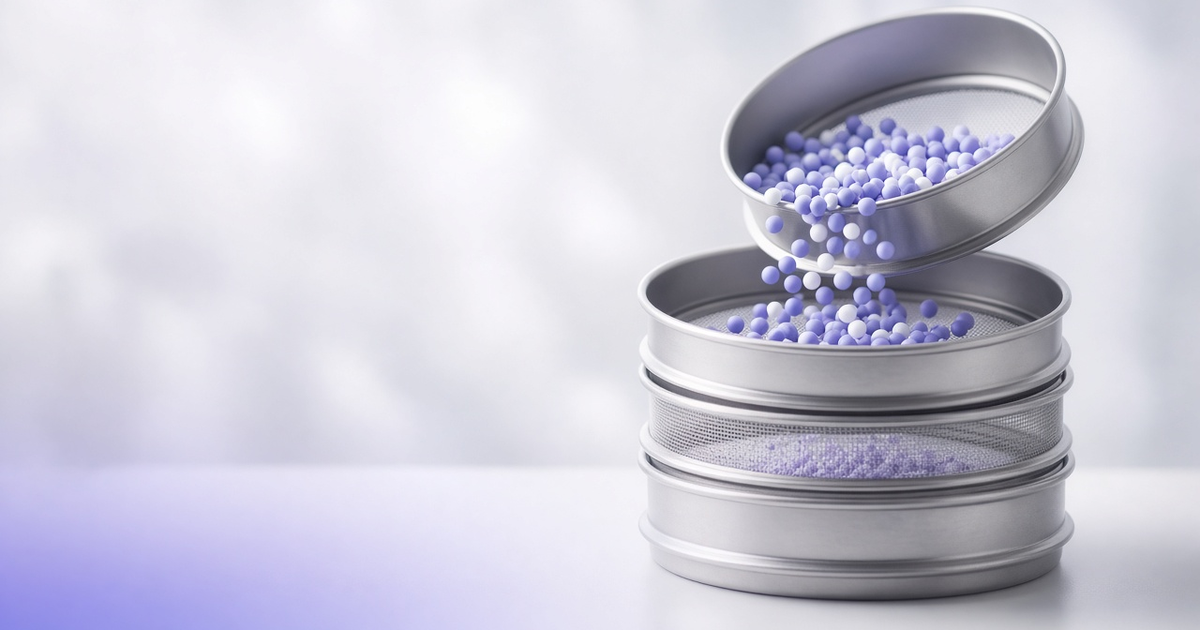 Stacked lab sieves separating beads by size, representing data quality testing