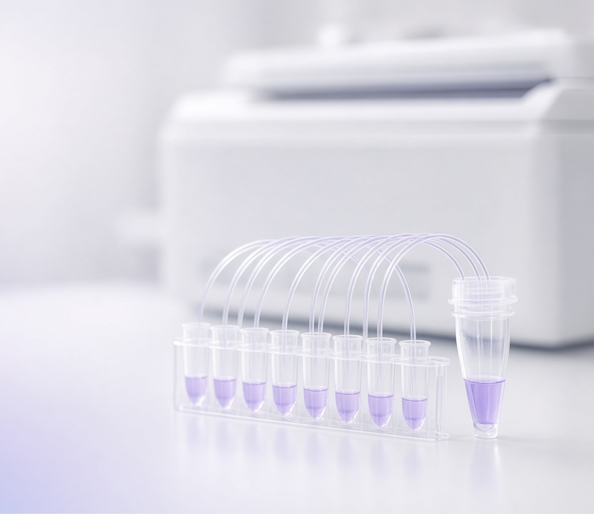 Library-prep tubes pooling droplets into one tube before a sequencer, representing traceable multi-omics sample lineage