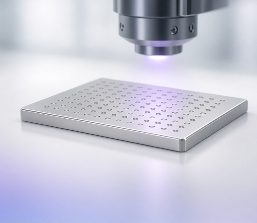 MALDI target plate with neat sample spots under a soft violet glow, representing reliable peptide proteomics workflows