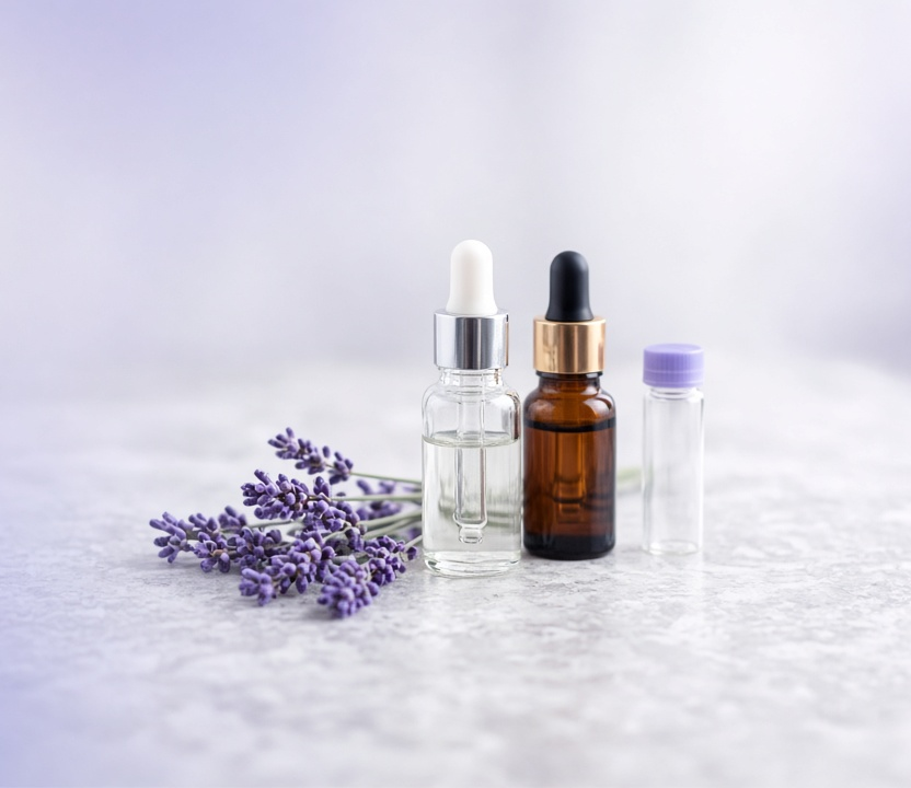 Essential oil dropper bottles with lavender sprigs and a GC vial, representing streamlined essential oil testing