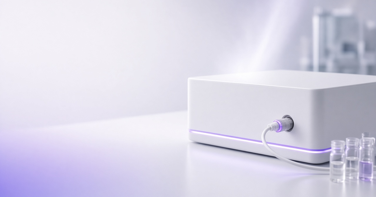 White server unit with a violet light strip beside sample vials, representing an MCP server launch