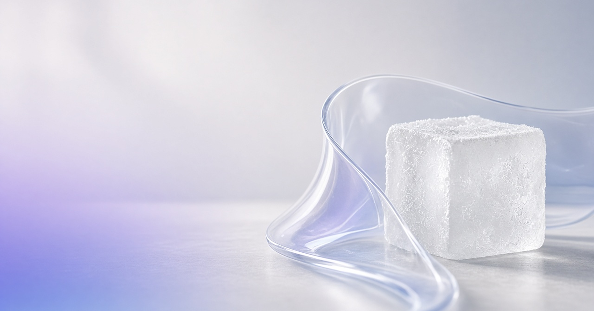 Flexible glass ribbon curving around a frozen ice cube, representing flexible lab software versus a frozen LIMS