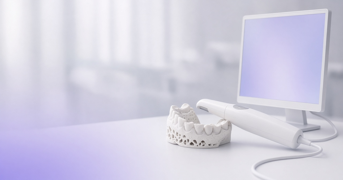 Intraoral scanner beside a 3D printed dental model, representing dental lab software integration