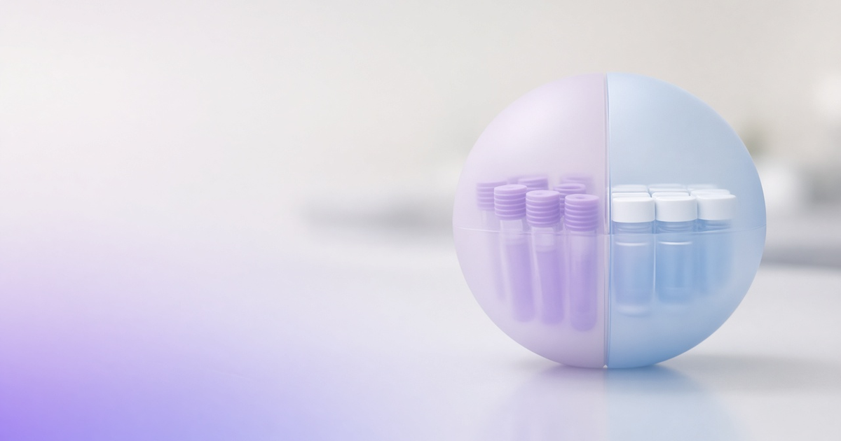 Two glass hemispheres joining with tubes and vials, representing LIS and LIMS together