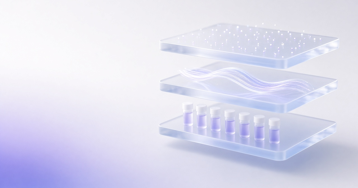 Three stacked layers of tubes, flow and data, representing systems for samples, workflows and data