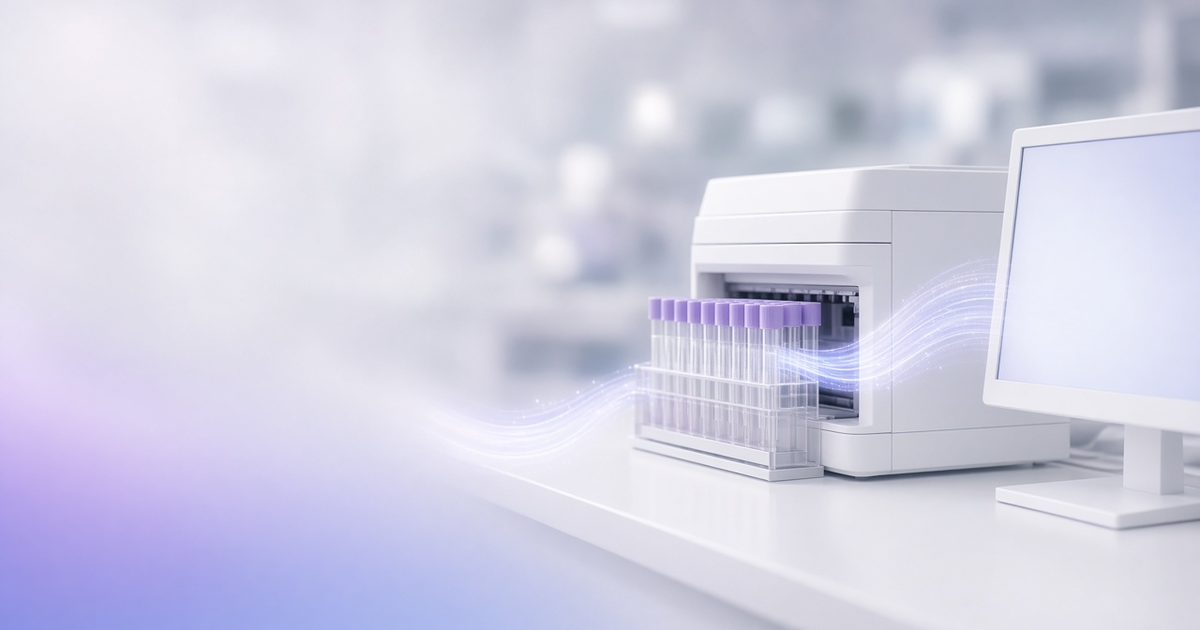 Tube rack entering an analyzer with a glowing ribbon, representing lab LIS operations
