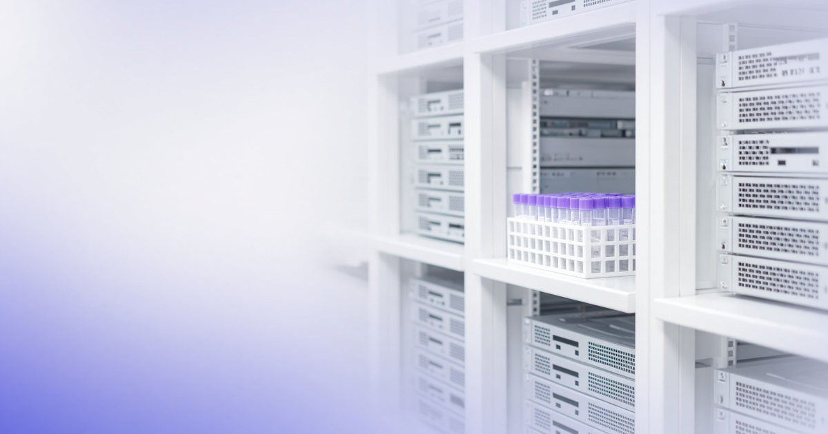Sample tubes among server racks, representing LIMS database management