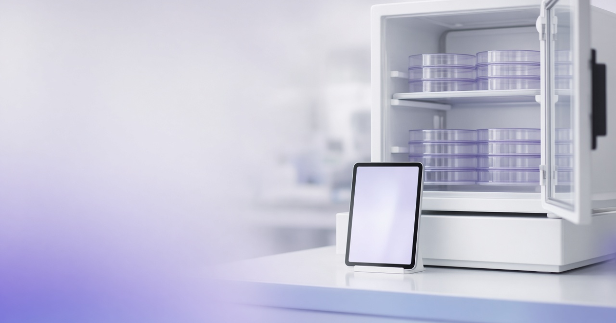 CO2 incubator with culture plates beside a tablet, representing LIMS for research