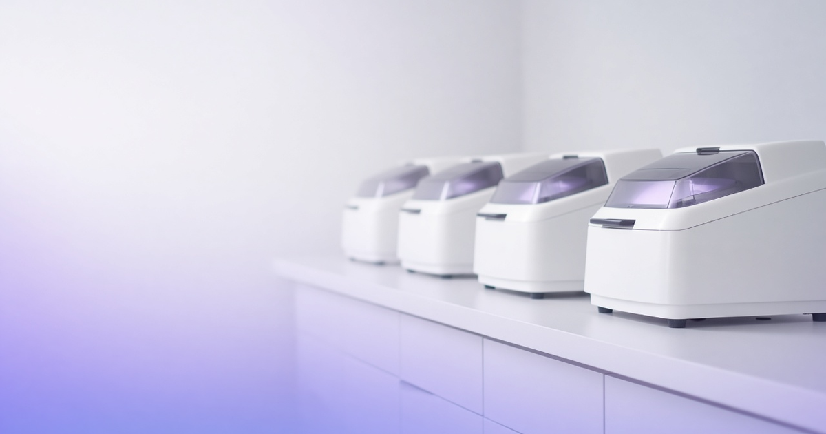 Row of centrifuges with one lit, representing lab resource management systems