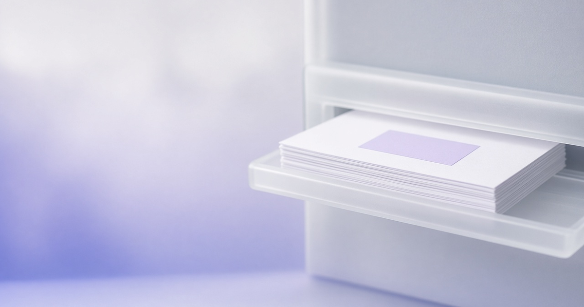 Blank report sheets emerging from a glass slot, representing LIMS reporting