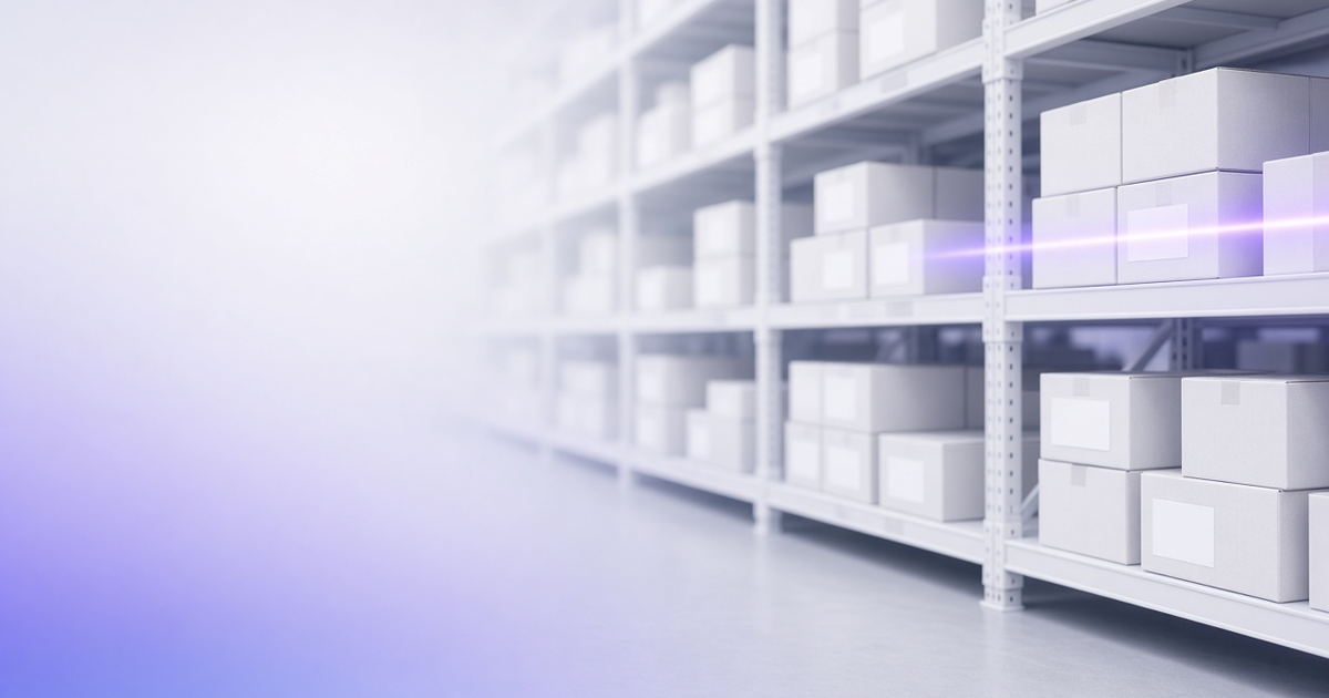 Scanner line across warehouse boxes, representing barcode inventory systems