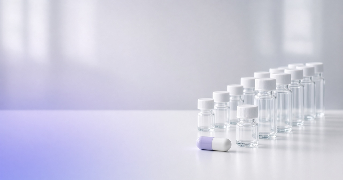 Compound vials narrowing to one capsule, representing drug development platforms