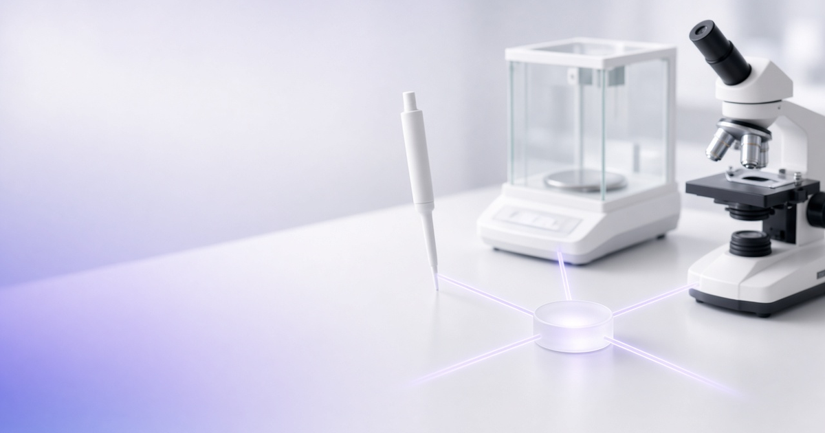 Glass hub connected to a pipette, balance and microscope, representing lab integration software