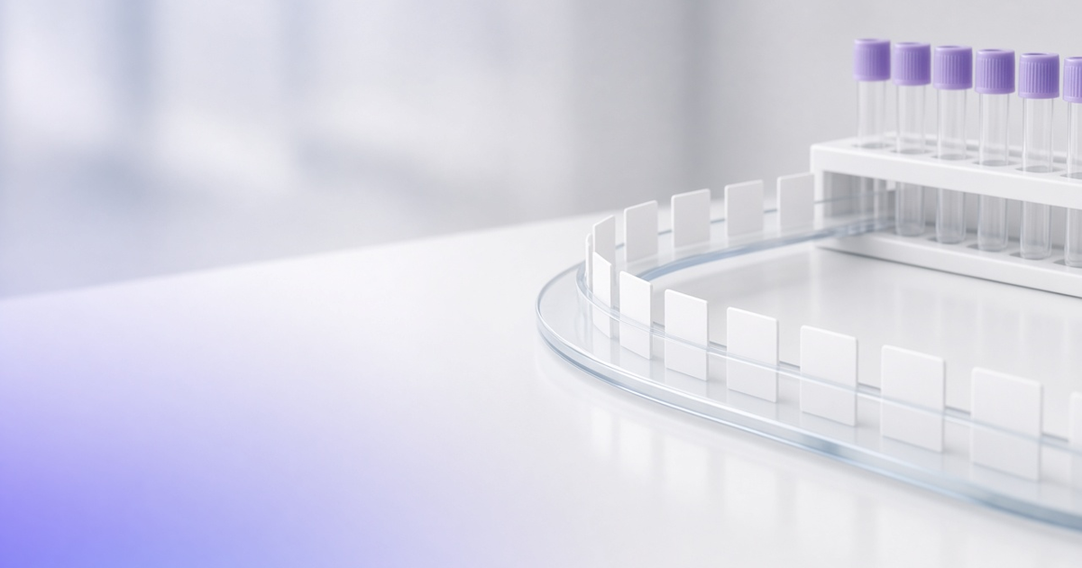 Curved glass track of blank procedure cards leading to a sample rack, representing LES and LIMS integration