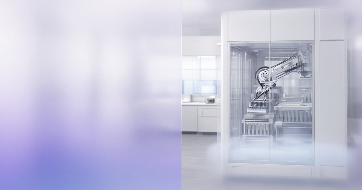Robotic sample picker inside a glass-walled biobank storage unit, representing biobank management software