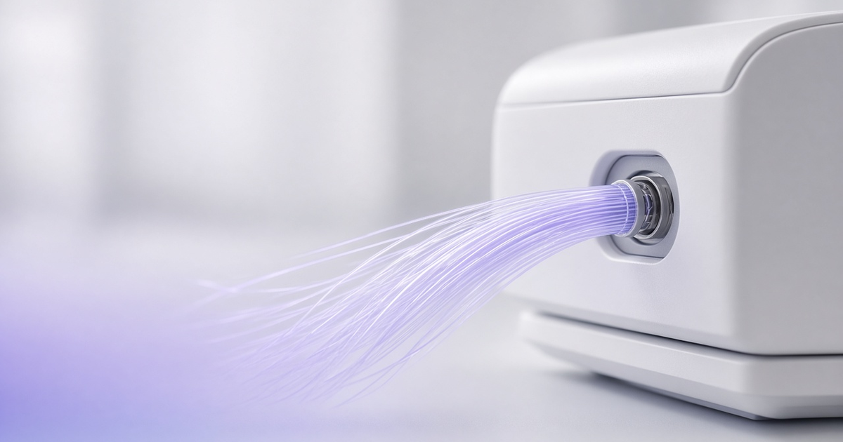 Fiber-optic bundle splaying into an instrument port, representing lab interface systems