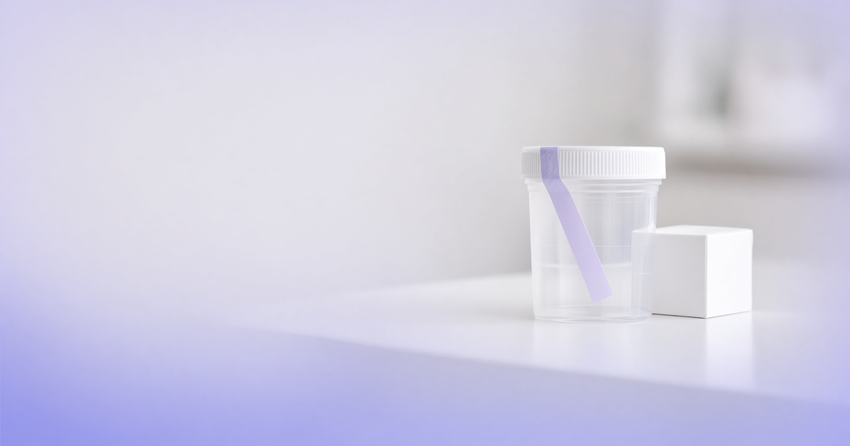 Sealed drug test cup on an office counter, representing workplace drug testing software