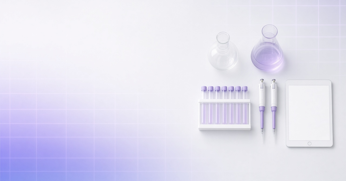 Top-down lab bench with perfectly aligned items on a glowing grid, representing laboratory management software