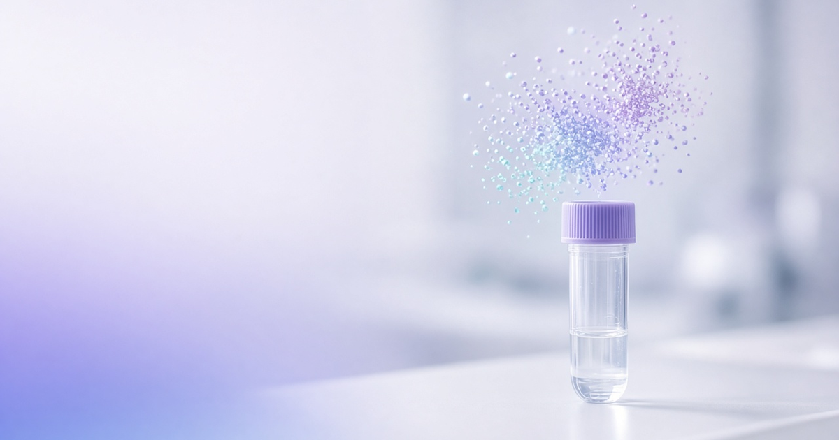 Cell dot constellation above a cytometry tube, representing flow cytometry analysis software