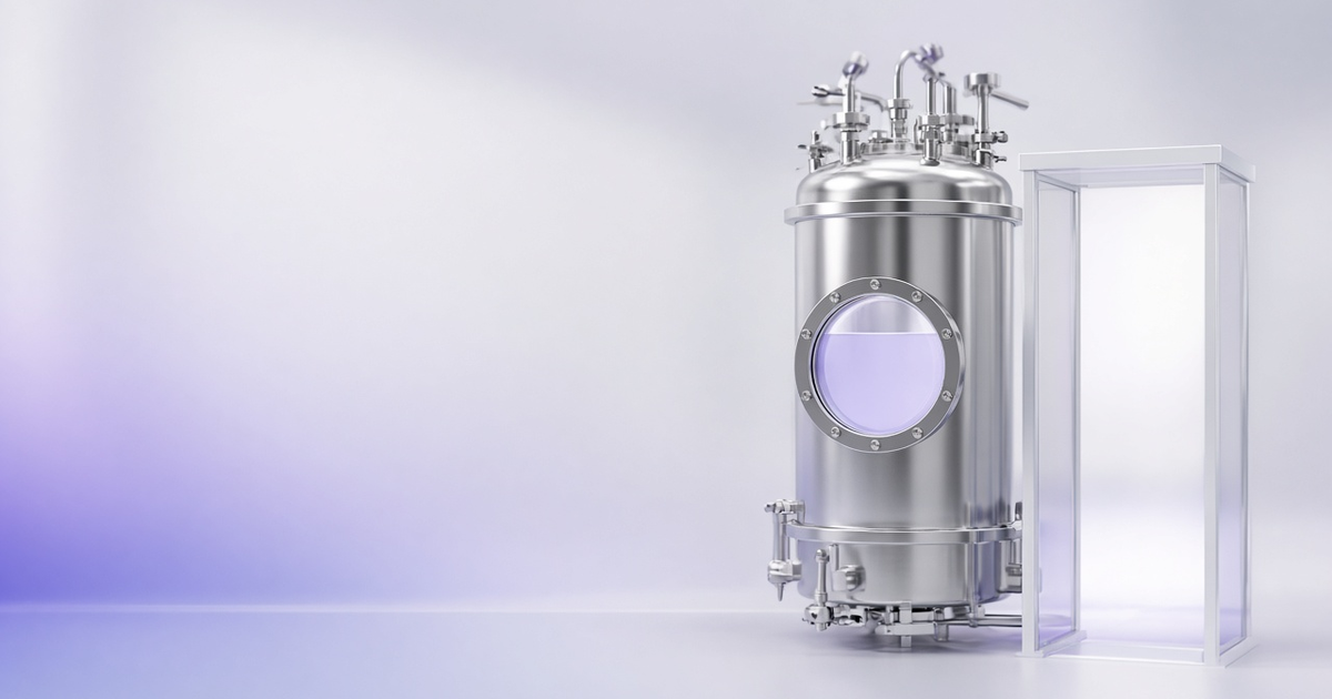 Bioreactor beside a glass doorway, representing CDMO LIMS and technology transfer