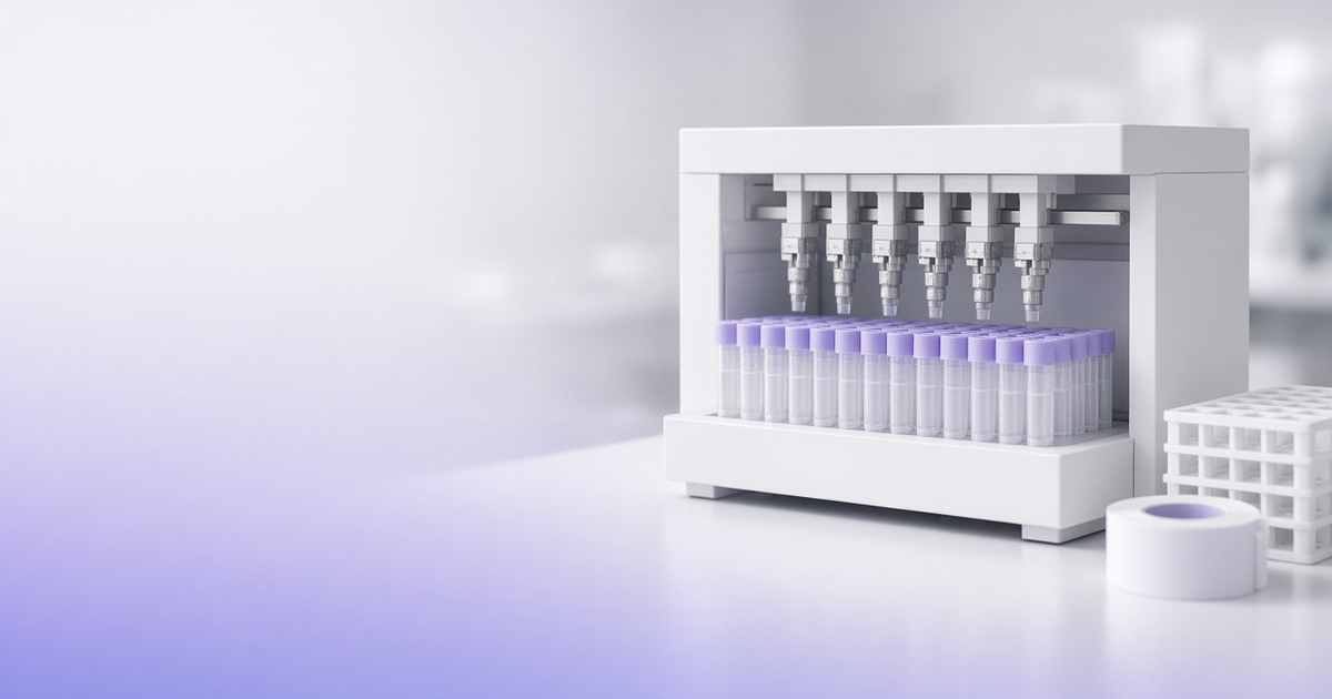 Benchtop tube decapper lifting caps off a rack of sample tubes, representing sample management tools