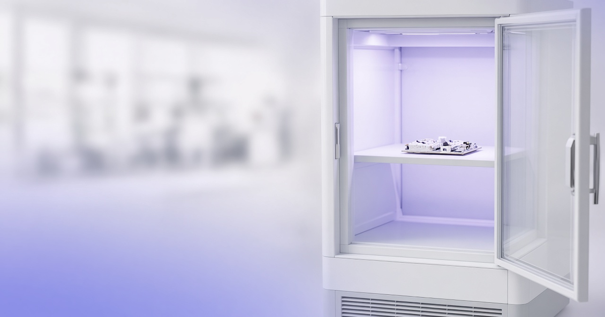 White environmental test chamber holding a product sample, representing test lab management