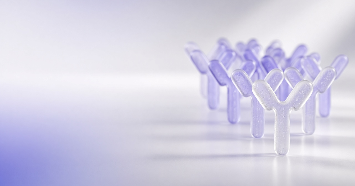 Lavender glass antibody models narrowing to a single candidate, representing antibody discovery optimization