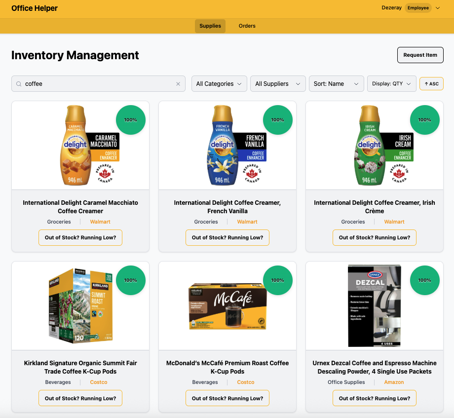 Office Helper's inventory screen filtered to coffee, showing six matching products with their remaining stock
